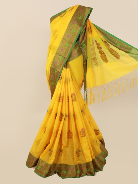 

Pothys Yellow & Green Cotton Blend Solid Saree