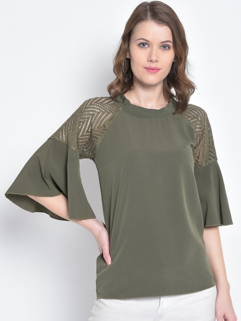 

Mayra Olive Green Kimono Sleeves Crepe Regular Top