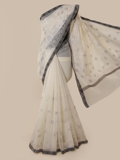 

Pothys White Embroidered Supernet Saree