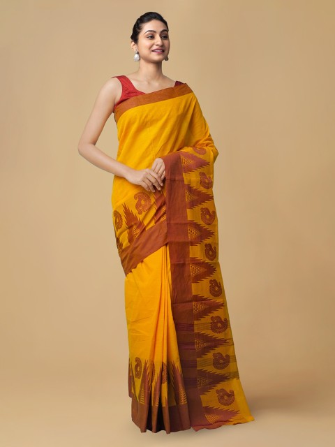 

Unnati Silks Mustard Pure Cotton Solid Kanjeevaram Saree