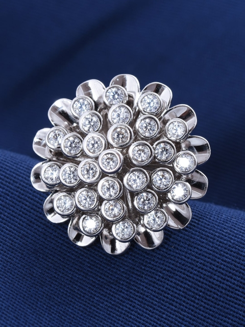 

Tistabene Rodium-Plated & White Stone-Studded Floral Design Cocktail Finger Ring, Silver