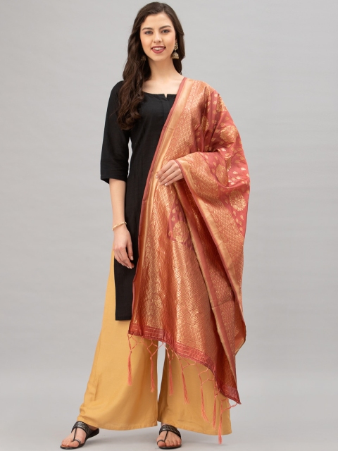 

Satrani Pink & Gold-Coloured Woven Design Jacquard Banarasi Dupatta