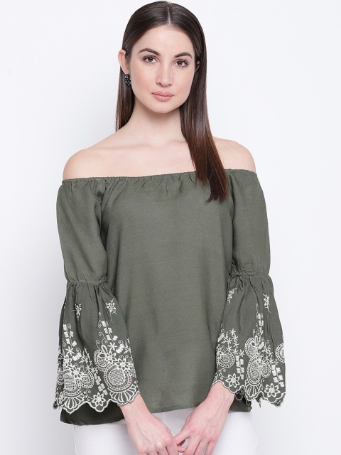 

Mayra Olive Green Floral Printed Off-shoulder Flared Sleeves Bardot Top
