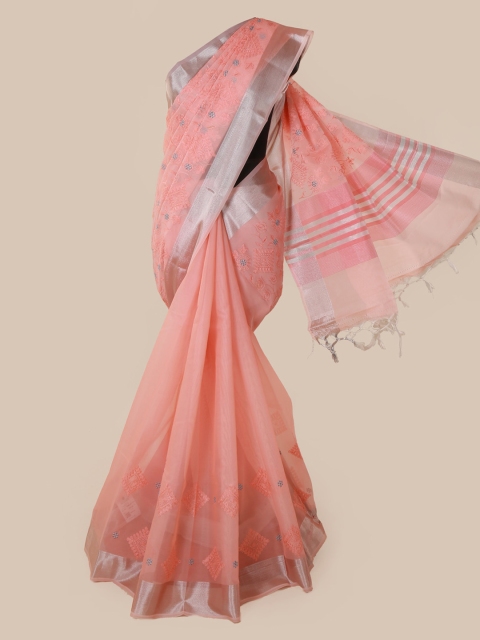 

Pothys Peach-Coloured Embroidered Tissue Saree