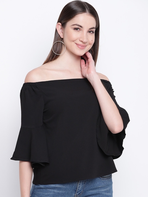

Mayra Women Black Solid Off-shoulder Bell Sleeves Crepe Bardot Top