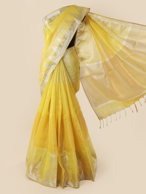 

Pothys Yellow & Silver-Toned Linen Blend Solid Saree