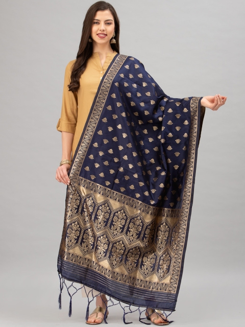 

Satrani Navy Blue & Gold-Coloured Woven Design Jacquard Banarasi Dupatta