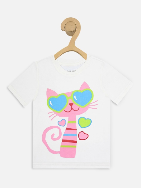 

Miss Chief Girls White Pink Printed Round Neck Pure Cotton T-shirt