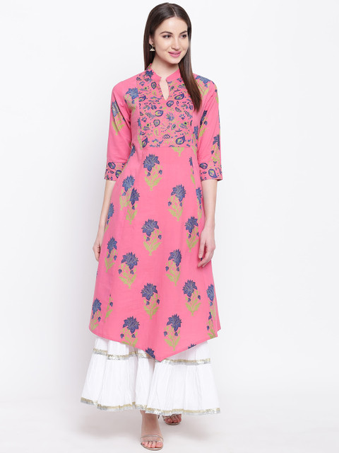 

Khushal K Women Pink & Navy Blue Floral Printed Cotton Kurta