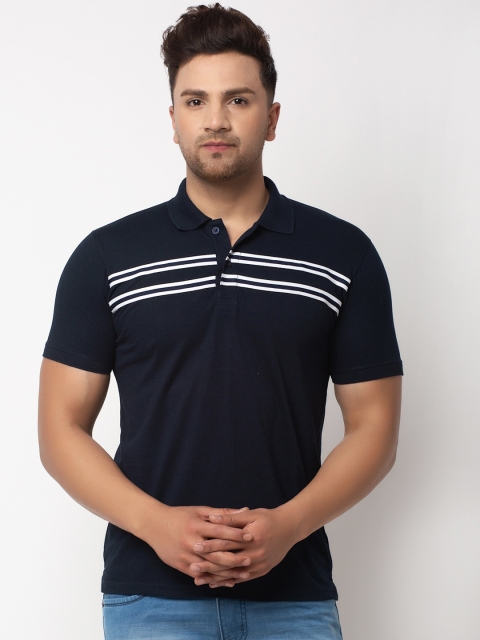 

WILD WEST Men Navy Blue Striped Polo Collar T-shirt