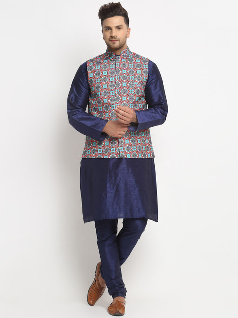 

Benstoke Men Blue Solid Kurta with Pyjamas with nehru jacket