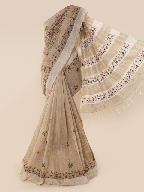 

Pothys Cream-Coloured Embroidered Jute Cotton Saree