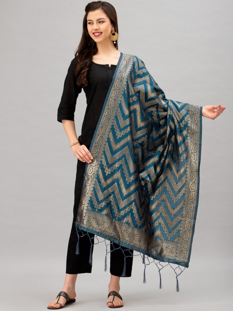 

Satrani Blue & Gold-Coloured Woven Design Jacquard Banarasi Dupatta