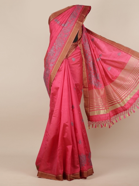 

Pothys Pink & Grey Jute Silk Embroidered Saree