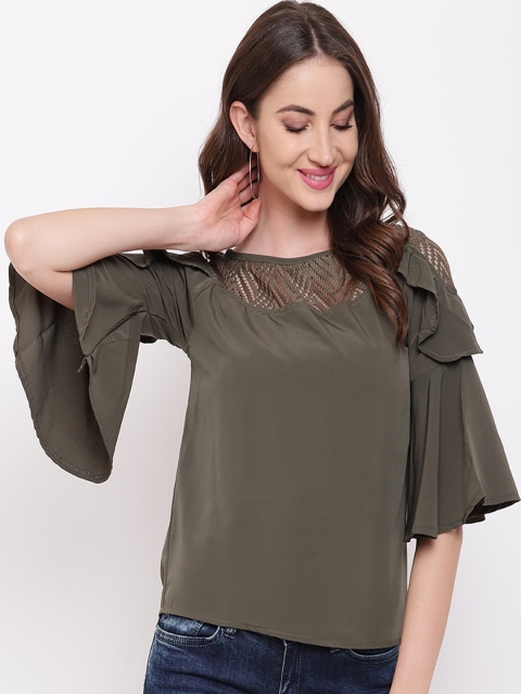 

Mayra Olive Green Solid Bell Sleeves Top