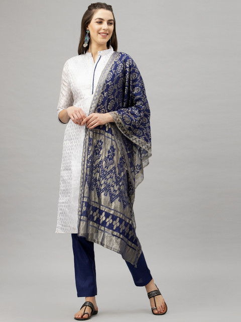 

Satrani Silver-Toned & Blue Poly Silk Unstitched Dress Material