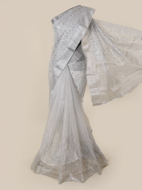 

Pothys Silver-Toned Embellished Tissue Saree