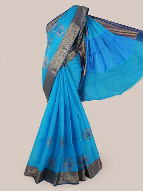 

Pothys Blue Solid Cotton Blend Saree