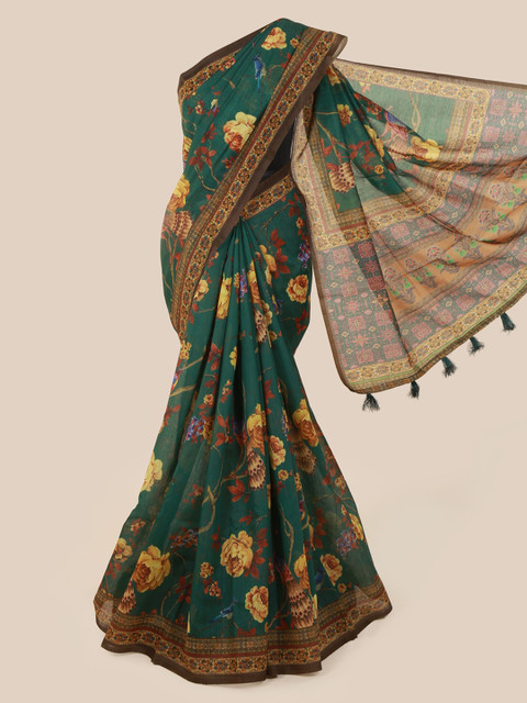 

Pothys Green Printed Cotton Blend Saree With Tasseled Pallu