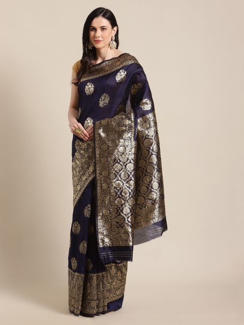 

Mitera Navy Blue & Gold-Toned Pure Silk Woven Design Banarasi Saree