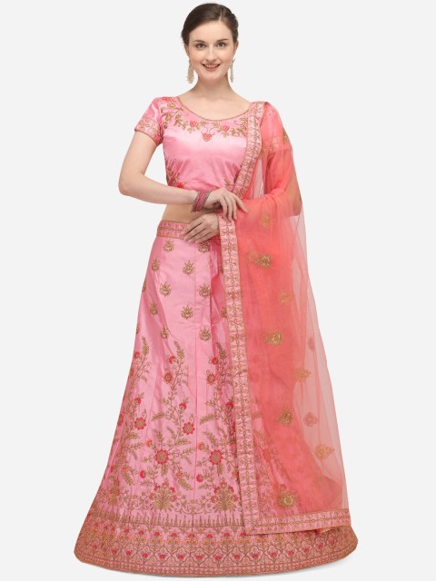 

Netram Pink & Gold-Toned Embroidered Semi-Stitched Lehenga & Unstitched Blouse with Dupatta