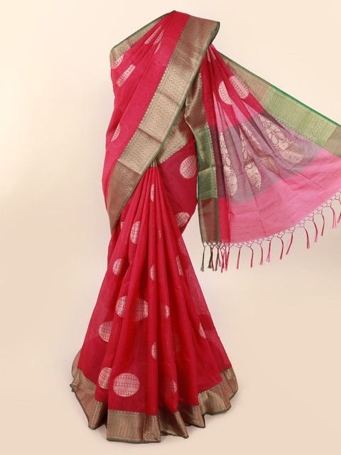 

Pothys Magenta & Gold-Toned Cotton Blend Woven Design Saree With Tasseled Pallu