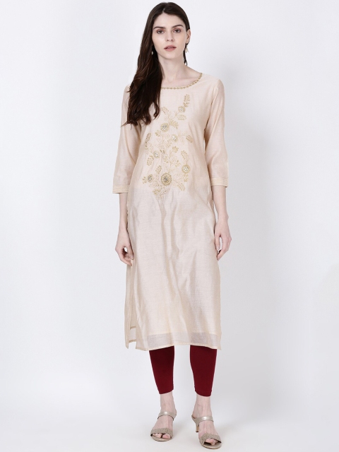 

Soch Women Beige Floral Embroidered Chanderi Silk Kurta