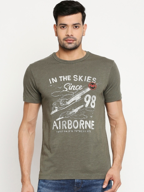 

Mufti Men Olive Green Printed Round Neck Cotton Pure Cotton T-shirt