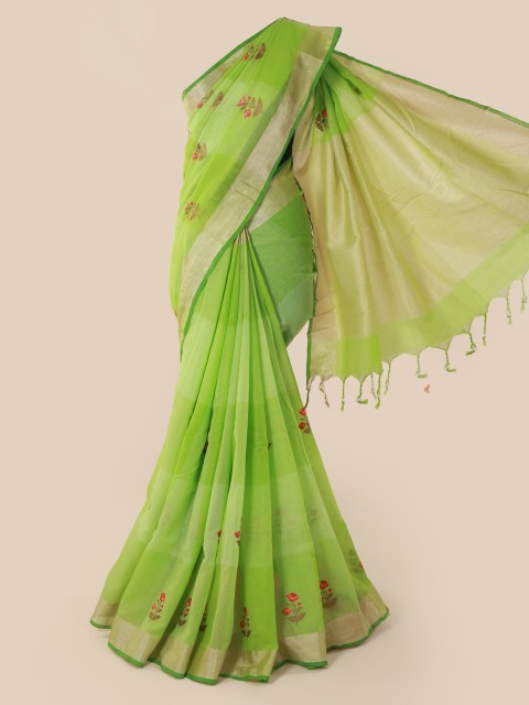 

Pothys Green Embroidered Linen Blend Saree