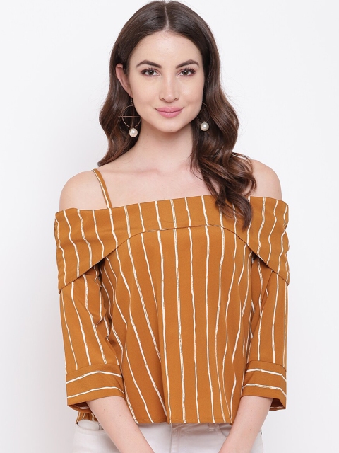 

Mayra Mustard Yellow & White Striped Cold-shoulder Sleeves Crepe Bardot Top