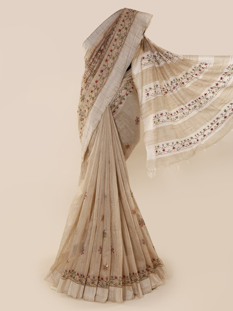 

Pothys Cream-Coloured & Red Jute Cotton Embroidered Saree