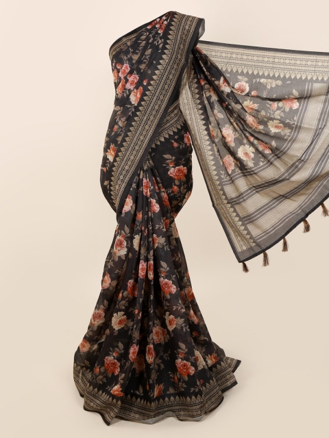 

Pothys Black & Pink Cotton Blend floral Printed Chanderi Saree