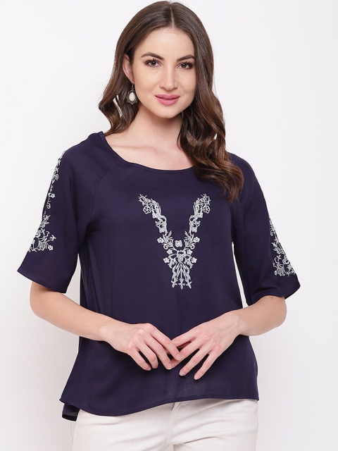 

Mayra Navy Blue & White Embroidered Raglan Sleeves Viscose Rayon Regular Top