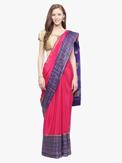 

Sudarshan Silks Pink & Navy Blue Pure Silk Striped Mysore Silk Saree