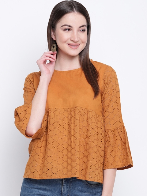 

Mayra Mustard Yellow Bell Sleeves Pure Cotton Crepe Empire Top