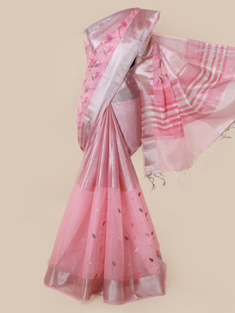 

Pothys Pink & Silver-Toned Tissue Embroidered Saree