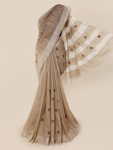 

Pothys Cream-Coloured Embroidered Jute Cotton Saree