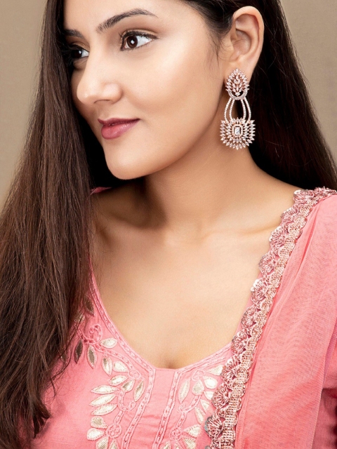 Rubans Rose Gold Handcrafted Zircon Studded Floral Drop Earrings