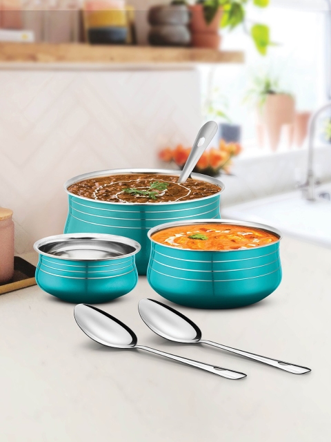 

URBAN CHEF Set of 6 Blue & Silver-Toned Striped Stainless Steel Handi & Spoons