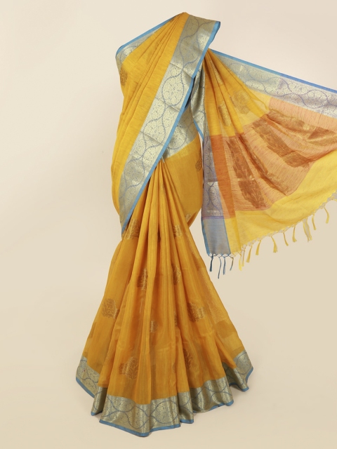 

Pothys Mustard & Gold-Toned Cotton Blend Woven Design Saree With Tasseled Pallu