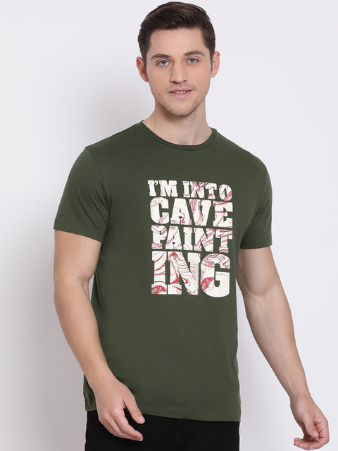 

Red Tape Men Olive Green Printed Round Neck T-shirt