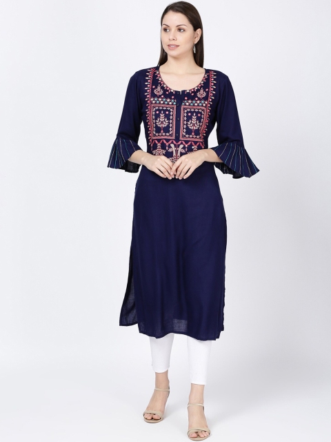 

Soch Women Navy Blue Floral Yoke Design Bell Sleeves Kurta