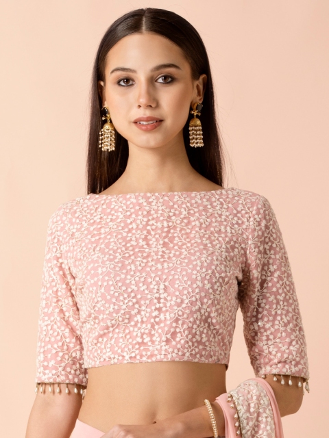 

Indya Peach-coloured Floral Embroidered Pearl Fringe Crop Top