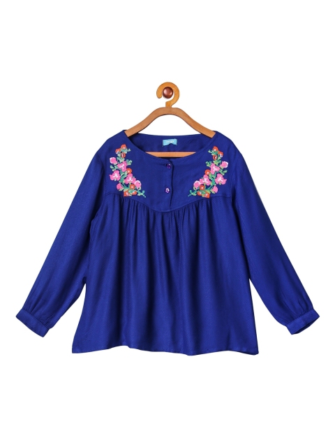 

Miyo Girls Blue Self Design Bishop Sleeves Pure Cotton A-line Top