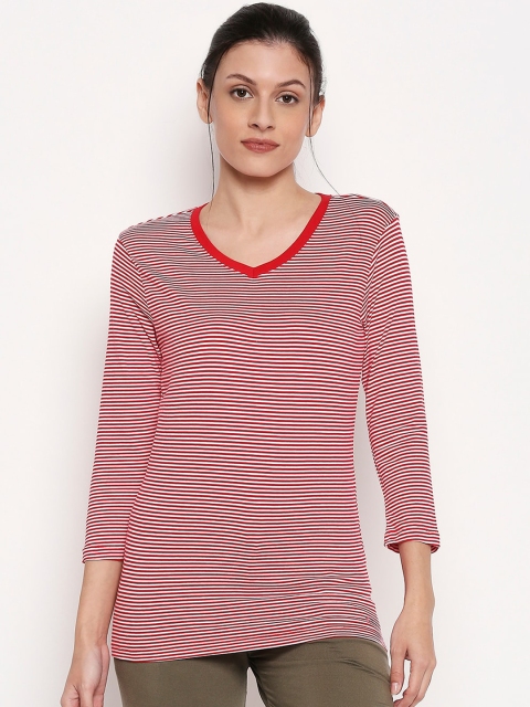 

XIN Women Red Striped V-Neck Lounge T-shirt