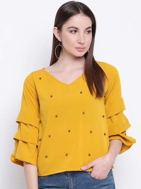 

Mayra Yellow Embellished Flared Sleeves Layered Crepe Regular Top