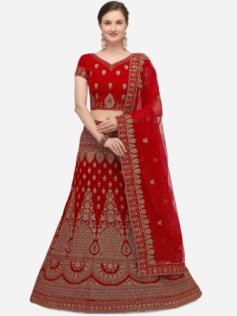 

Netram Red & Gold-Toned Embroidered Semi-Stitched Lehenga & Unstitched Blouse with Dupatta