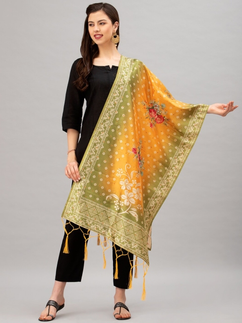 

Satrani Mustard Yellow & Green Floral Digital Print Jacquard Dupatta