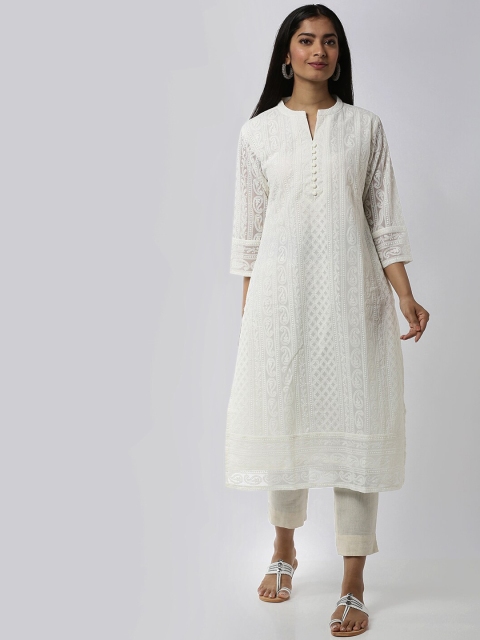 

Soch Women Cream-coloured Chikankari A-line Kurta
