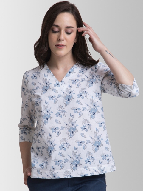 

Fablestreet Blue & Off White Floral Printed Pure Cotton A-line Top